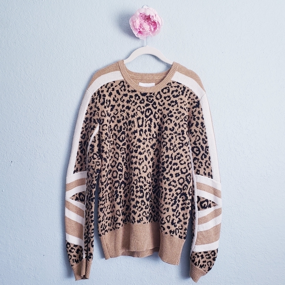 Current/Elliott Duvall Tan Leopard Print Crew Neck Sweater